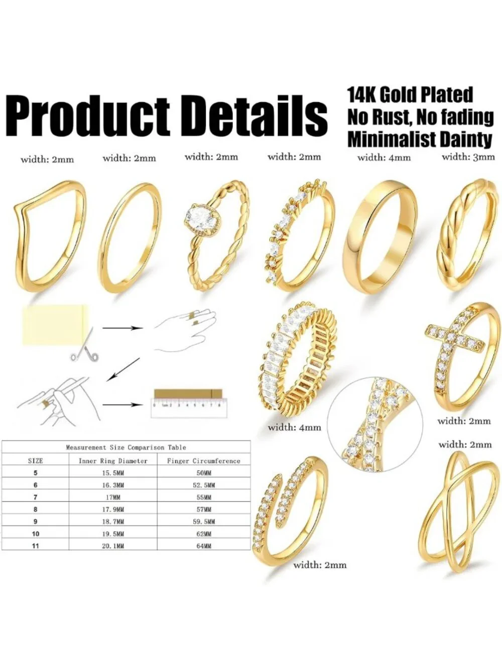 Dainty 14K Gold Plated Ring Set for Women - 10 PCS Non-Tarnish Stacking Rings